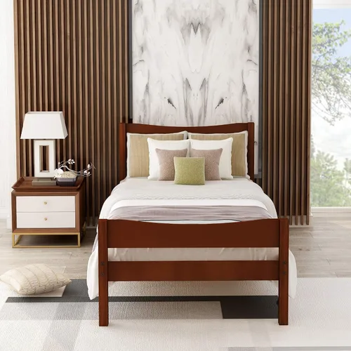 Miniatura 3 de MERITLINE Cama de plataforma de tamaño individual con cabecero y estribo, marco de cama de madera, no necesita somier, nogal