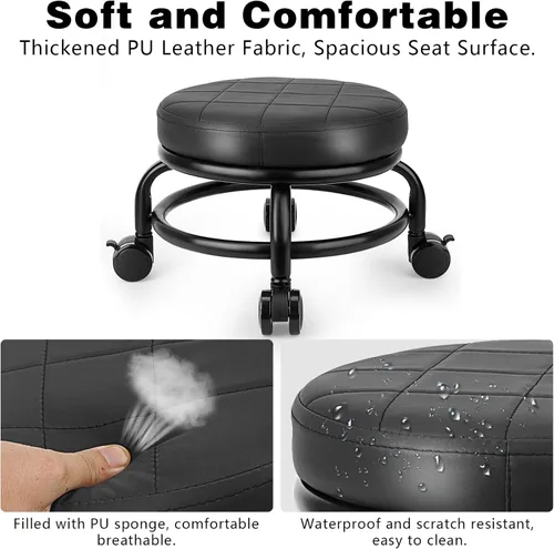 Miniatura 3 de Taburete bajo con ruedas de baja altura, asiento de cuero sintético, silla pequeña, taburetes rodantes redondos para oficina en casa, garaje, tienda