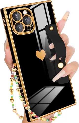 Petitian Funda para iPhone 13 Pro Max con Soporte/Cordón, Lujosa y Linda para Mujeres y Niñas con Corazón Electrochapado, Fundas de Teléfono de Negro