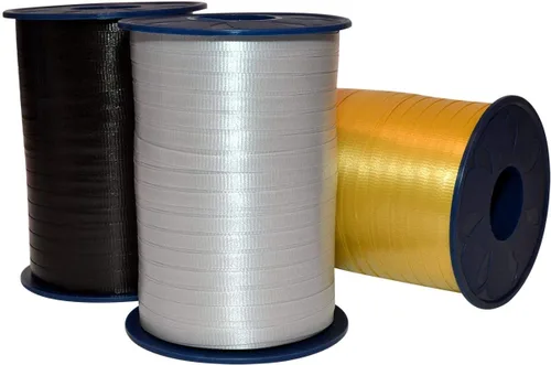 Morex Ribbon 253/3PK-97 - Cinta rizadora prensada de 3/16 pulgadas x 1500 yardas (paquete de 3) para envolver regalos, plateada/oro/negro,