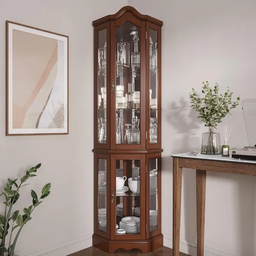 Miniatura 10 de BELLEZE Gabinete Curio iluminado de vidrio de 3 lados con puertas y estantes de vidrio templado, gabinete esquinero de madera curva con bombilla