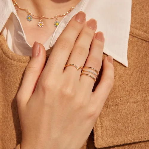 Miniatura 3 de Valloey Rover Anillo apilable de diamantes delicados chapados en oro de 14 quilates con circonita cúbica, joyería minimalista regalo, Metal