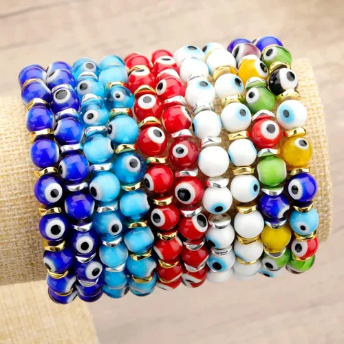 Miniatura 7 de Pulseras de mal de ojo para mujer con cuentas hechas a mano, pulsera elástica dorada para niñas
