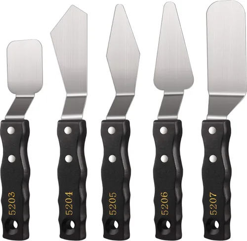 Juego de cuchillos de paleta grandes de 5 piezas, cuchillos de pintura de acero inoxidable con asas de madera para pintura acrílica y al óleo,