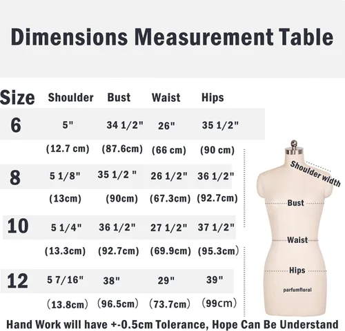 Miniatura 3 de Maniquí de costura femenino con brazos, talla 6, forma de vestido profesional para exhibición y diseño a medida, torso ajustable en altura con base
