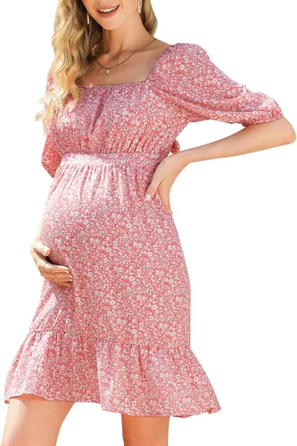 KOJOOIN Vestido de maternidad de verano para mujer, lazo en la espalda, cuello cuadrado, manga abombada, hombros descubiertos, vestido de baby shower