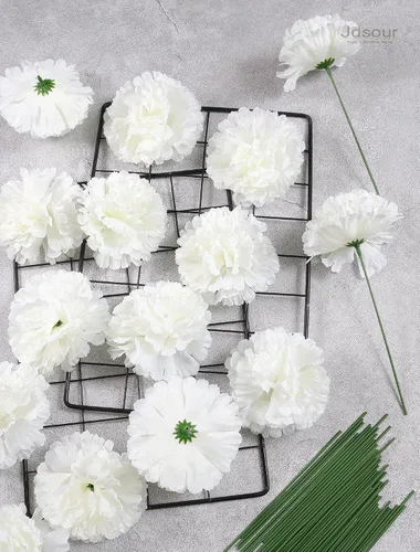 Miniatura 2 de Paquete de 50 palillos de clavel de seda artificial, cabezas de clavel de flores artificiales con tallos para bricolaje, ramos de boda, centros