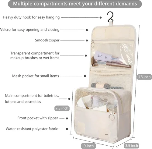 Miniatura 2 de Neceser de viaje colgante para mujer, bolsa de maquillaje resistente al agua, organizador de cosméticos para accesorios de viaje, artículos de Beige