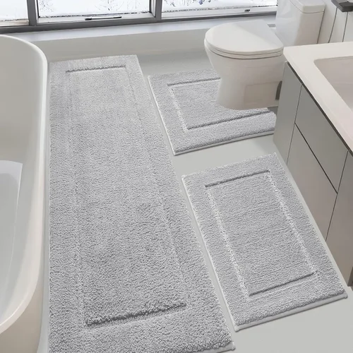 Miniatura 38 de Juego de alfombras de baño de 3 piezas de color blanco hueso, ultra suave, gruesa, esponjosa, microfibra absorbente, parte trasera antideslizante
