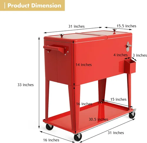 Miniatura 7 de Giantex - Carrito enfriador con ruedas, enfriador para exteriores de 80 cuartos de galón con ruedas de bloqueo, estante de almacenamiento, abridor