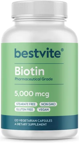 BESTVITE Biotina 5000mcg (120 cápsulas vegetarianas) - Sin estearatos - Sin agentes de flujo - Vegano - Sin OMG - Sin gluten - Pelo, piel, uñas