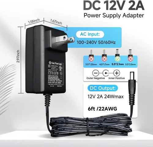 Miniatura 2 de Adaptador de fuente de alimentación de 12 V, 2 A, 6 pies, CA a CC 24 W, 2000 mA, 1500 mA, 1000 mA, 500 mA, cable de alimentación de repuesto