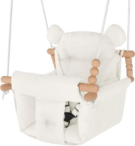 Columpio para bebé para interiores y exteriores, asiento de columpio de lona y madera seguro para niños pequeños, arnés de seguridad ajustable de 3