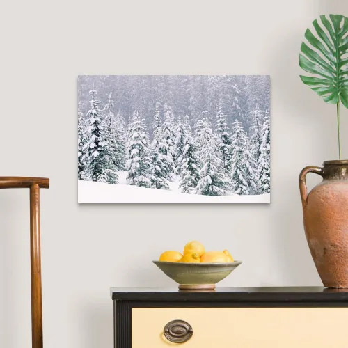 Miniatura 3 de CANVAS ON DEMAND Lienzo de pinos cubiertos de nieve, arte de árbol escandinavo, decoración del hogar de esquí, fotografía de bosque de invierno, 24