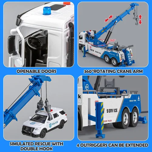 Miniatura 5 de HAPYAD Camión de remolque de juguete para niños, camión de remolque de metal con grúa modelo de juguete con luces y sonidos, vehículos