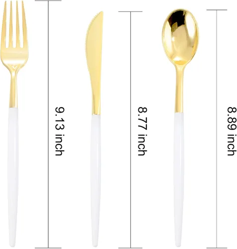 Miniatura 3 de I00000 Juego de 60 piezas de cubiertos de plástico dorado - Cubiertos de plástico resistentes - Juego de cubiertos desechables para fiestas, incluye