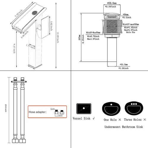 Miniatura 2 de Grifo de Recipiente Negro para Baño Cascada Boquilla Abierta LED Cambio de Color por Temperatura Grifo de Lavabo para Fregadero de Tazón Mango