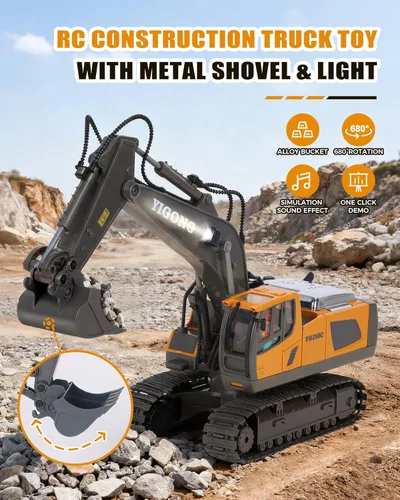Miniatura 2 de HuiJuKeJi Juguete de excavadora de control remoto de 11 canales, vehículo de construcción RC recargable de 2.4 GHz para niños, rotación de 680°