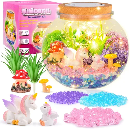 Regalos de unicornio para niñas - Kit de terrario de unicornio iluminado para niños - Juguetes de arte y manualidades de unicornio DIY - Regalos de