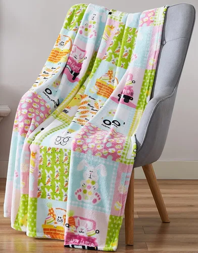 Miniatura 36 de Manta de forro polar suave para primavera de niñas y niños: bebés, pollitos, pájaros, flores en suave y acogedor amarillo, verde, rosa sobre fondo