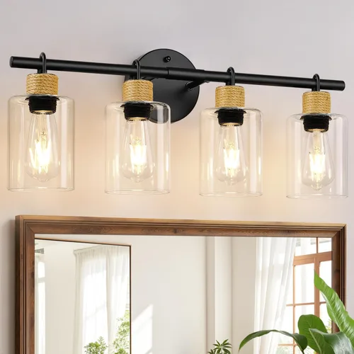 Miniatura 18 de MOKATNG Juego de 2 apliques de pared para baño, luces de tocador modernas costeras con pantalla de cristal, lámpara de pared negra para espejo