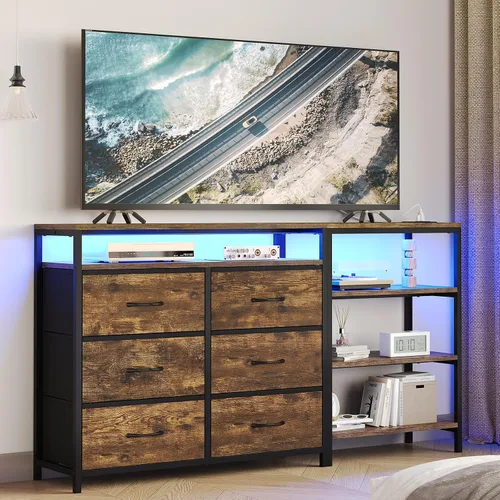 Miniatura 7 de BTHFST Soporte de TV para dormitorio con estación de carga y luces LED, centro de entretenimiento para TV de 60 pulgadas con 6 cajones de tela