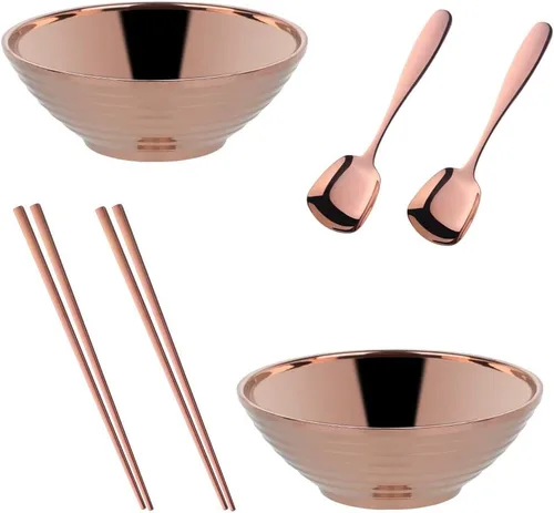 Miniatura 11 de Juego de tazones de sopa de fideos japoneses para ramen, 2 juegos (8 pulgadas) plateados de doble capa de acero inoxidable 18/8 con palillos