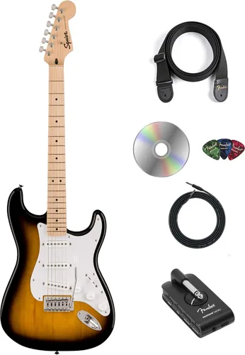 Fender Squier Sonic Stratocaster - Paquete de 2 colores Sunburst con amplificador Fender Mustang Micro para auriculares, cable, correa, púas y DVD