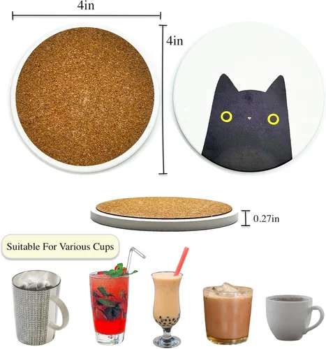 Miniatura 2 de Juego de 6 posavasos redondos absorbentes de piedra de cerámica lindos para bebidas de gato para tazas y tazas, mesa de café, escritorio de oficina