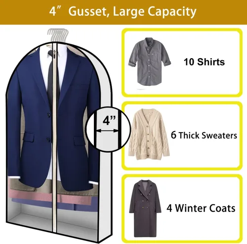 Miniatura 6 de Bolsas de ropa de 40 pulgadas para colgar ropa, refuerzos de 4 pulgadas, bolsa de traje transparente a prueba de polillas para almacenamiento