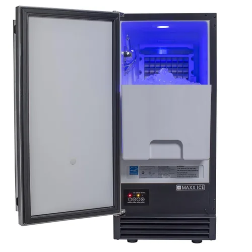 Miniatura 2 de Maxx Ice MIM50P - Máquina fabricadora de cubitos de hielo transparente premium de 65 libras con bomba de drenaje, LED azul e integrada bajo encimera