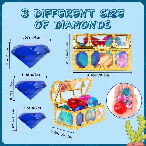 Miniatura 2 de YUJUN Juguetes de piscina de gemas de buceo, 10 coloridas gemas de diamante grande con caja de cofre de pirata del tesoro, juego de piedras Surtido