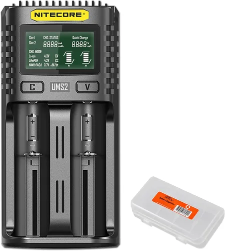 Nitecore UMS2 - Cargador de batería inteligente de doble ranura USB-C rápido para baterías Li-Ion/Ni-MH/Ni-Cd/IMR 16340 14500 18650 21700 20700 AA