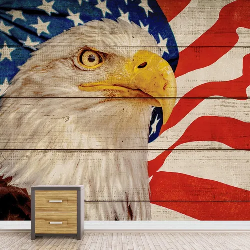 Miniatura 3 de wall26 Adhesivo de pared extraíble/mural de pared estilo panel de madera, bandera estadounidense y águila calva, arte digital internacional global