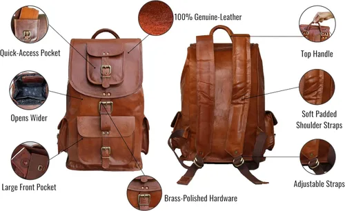 Miniatura 3 de Jaald Mochila de cuero para computadora portátil de 18 pulgadas, mochila vintage, mochila universitaria, bolsa de picnic escolar, cuero de grano