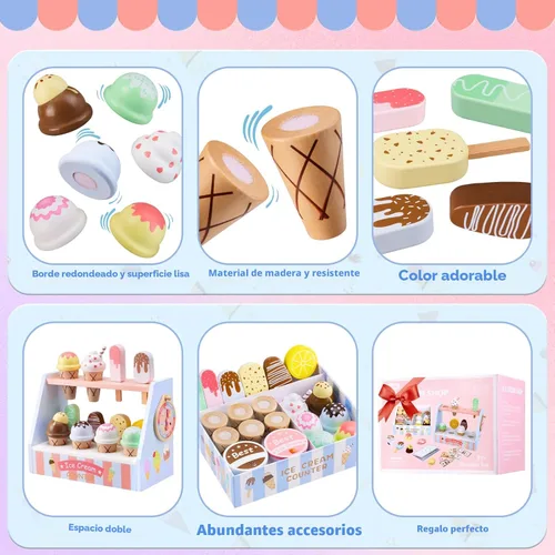 Miniatura 7 de Ehome Juego de juguetes de helado de madera, tienda de alimentos para niños, para servir helados, mostrador, tienda, juego de cocina con rueda