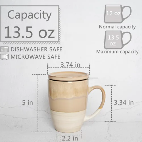 Miniatura 2 de Bosmarlin Taza de té de cerámica con infusor y tapa, 13.5 onzas, 5 colores a elegir, apta para lavavajillas y microondas, esmalte reactivo, taza