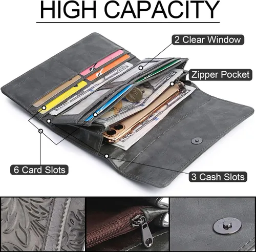 Miniatura 13 de MEITRUE Cartera de cuero para mujer, con bloqueo RFID, triple pliegue, con relieve, soporte para tarjetas, organizador de chequera para teléfono