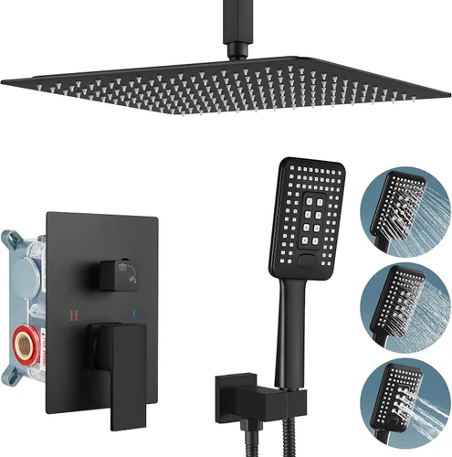 Miniatura 10 de Aolemi Sistema de ducha negro mate para montaje en el techo, cabezal de ducha de lluvia de 12 pulgadas con 3 funciones, rociador de mano ABS de alta