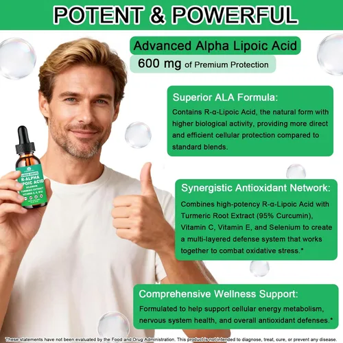 Miniatura 4 de Gotas líquidas de ácido alfa lipoico, suplemento ALA Ácido alfa lipoico 600 mg para antioxidantes, apoyo del metabolismo nervioso y energético