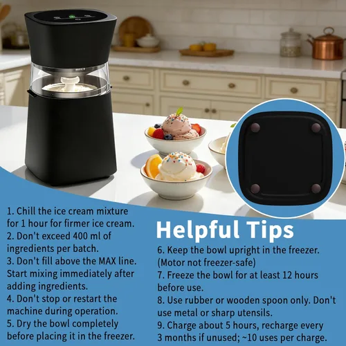 Miniatura 7 de Máquina para hacer helados con tazón precongelado, máquina de helados casera recargable, máquina eléctrica de helado pequeña de 20/30 minutos