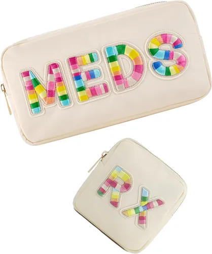 Miniatura 9 de uekeboag Bolsa Cosmética Personalizada Pequeña de Nylon, Linda Bolsa de Medicamentos con Parche de Letras de Chenilla y Cremallera, Bolsa de Viaje