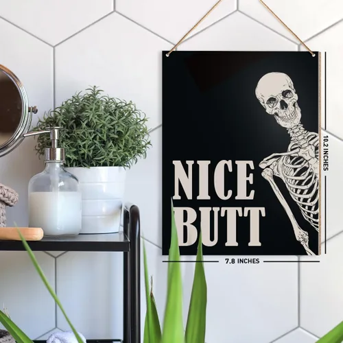 Miniatura 2 de UDNADKEX Divertido letrero decorativo para colgar en la pared del baño, bonito trasero, polvo de inodoro, decoración retro, esqueleto para baño