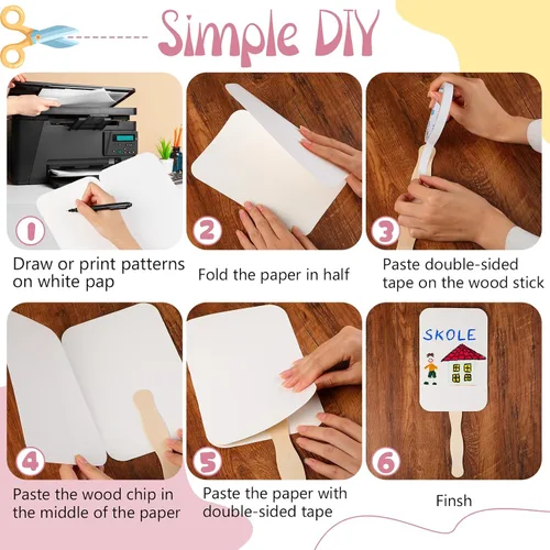 Miniatura 4 de TaoBary Juego de 50 abanicos de papel de bricolaje para iglesia, palos de mano, mango de madera, palos de manualidades, ondulados con cinta