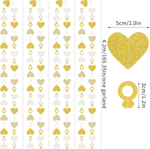 Miniatura 3 de Decoraciones de Fiesta de Despedida de Soltera de Compromiso Guirnalda Blanco-Dorado - Banderines de Papel con Corazón y Anillo de 52 Pies