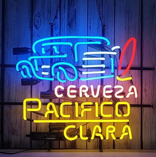 Letreros de neón hechos a mano de tubo de cristal real Beer Pacifico Clara Cerveza Woodie Wagon para decoración de pared de hogar, bar, cueva de