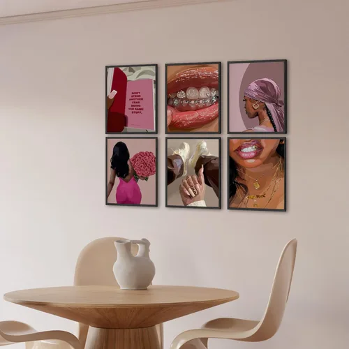 Miniatura 3 de Conjunto de pósteres de mujer negra de 6, arte de pared de mujeres afroamericanas de moda, pinturas decorativas abstractas para recámara y sala
