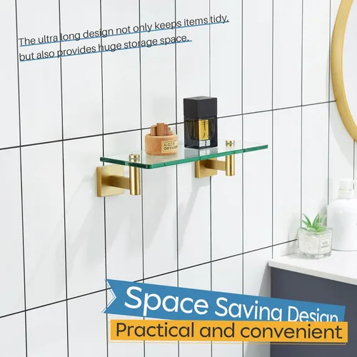 Miniatura 7 de KOKOSIRI Estantes de pared flotantes de acero inoxidable dorado de 12 pulgadas, accesorios de baño de vidrio templado, estante colgante para Oro