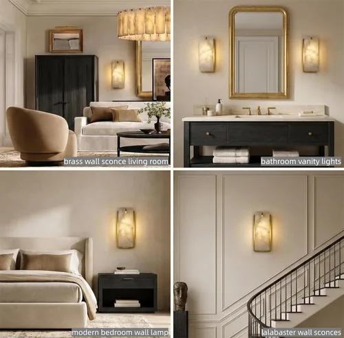Miniatura 9 de Apliques de pared de alabastro español natural de 12 pulgadas, modernas luces doradas de latón para espejo de baño, lámpara de pared E12 con Latón
