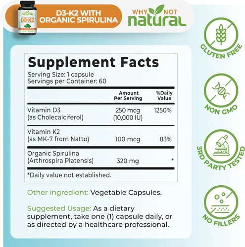 Miniatura 4 de Why Not Natural Vitamina D3 K2 (MK-7) con espirulina orgánica, suplemento extra fuerte de 10000 UI en cápsulas vegetales, apoya la salud ósea